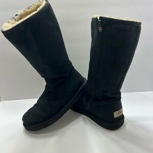 UGG Sunset black Leather Sheepskin Zip Tall Winter Boots Womens Size 8 EUR 39